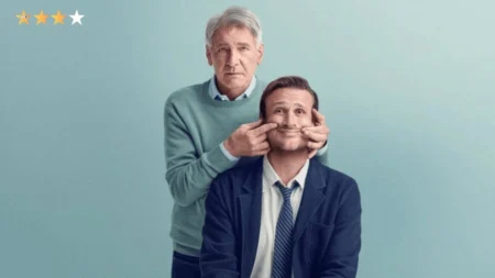 Jason Segel e Harrison Ford com expressões dramáticas na terceira temporada da série Falando a Real no Apple TV+