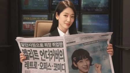 Park Shin-hye como Hong Geum-bo em traje de estagiária dos anos 90.