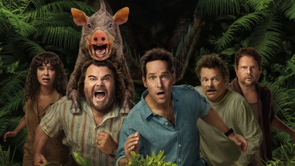 "Paul Rudd e Jack Black em cena de Anaconda, comédia de aventura disponível no Max Brasil