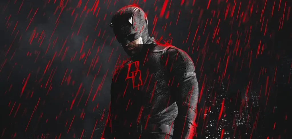 Charlie Cox como Demolidor novo traje preto vermelho logo DD set filmagem