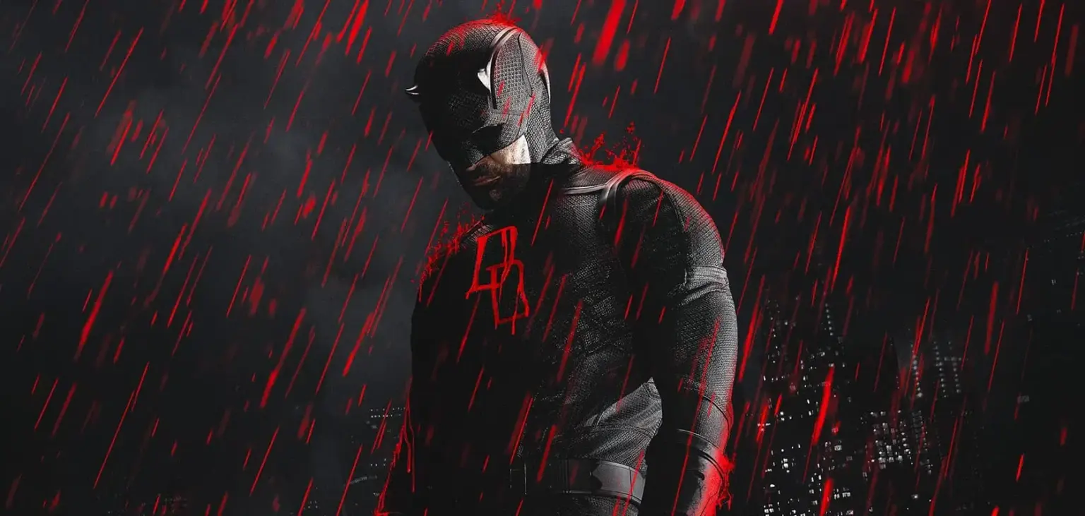 Charlie Cox como Demolidor novo traje preto vermelho logo DD set filmagem