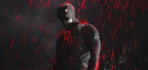 Charlie Cox como Demolidor novo traje preto vermelho logo DD set filmagem