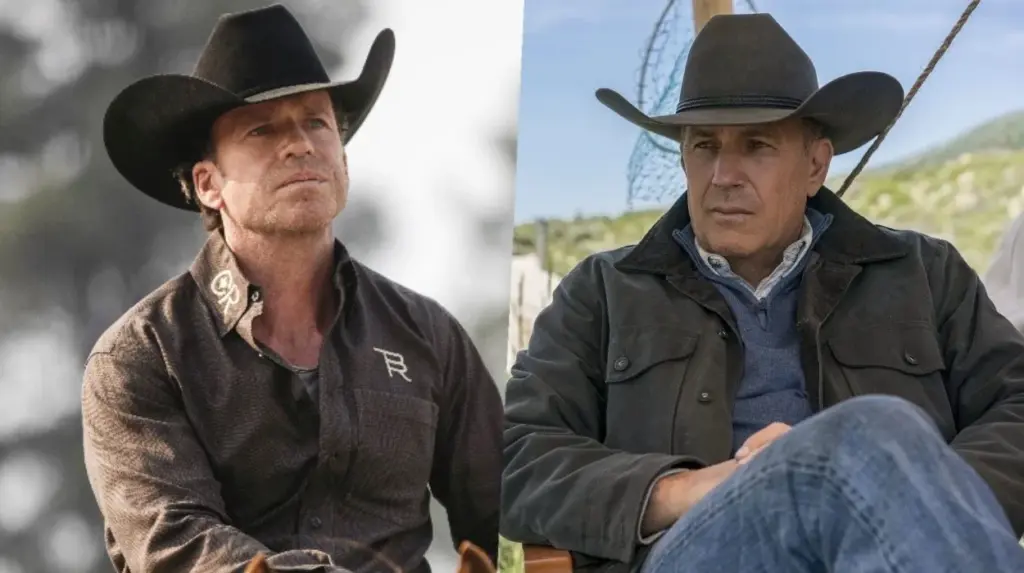 Yellowstone: Taylor Sheridan explica a saída de Kevin Costner Taylor Sheridan e Kevin Costner em arte de Yellowstone sobre contrato de três temporadas