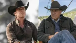 Taylor Sheridan e Kevin Costner em arte de Yellowstone sobre contrato de três temporadas