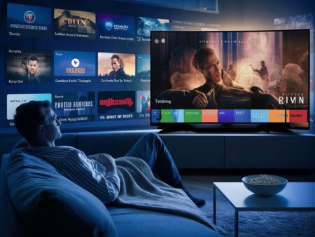 IPTV: o guia para entender, testar e escolher com segurança Pessoa assistindo TV com app de streaming exibindo grade de canais estilo IPTV na sala de estar